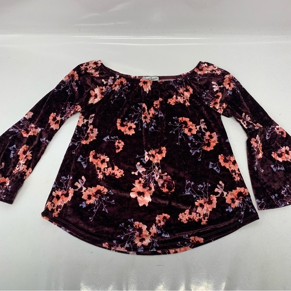 Almost Famous Purple Velvet Top Small  Woman Crave Fame Floral‎ 3/4 Flare Sleeve - Picture 5 of 10